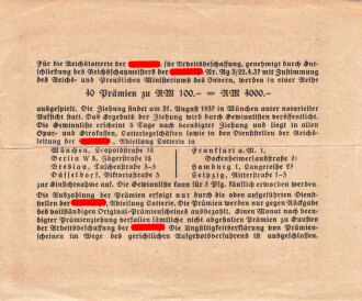 Original-Prämienschein "Reichslotterie" der NSDAP für Arbeitsbeschaffung Serie 9 Reihe C, Ziehung 31. August 1937