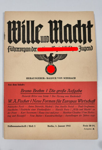 "Wille und Macht" Führerorgan der nationalsozialistischen Jugend, Heft 1, 1. Januar 1941 mit 24 Seiten