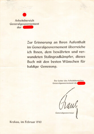 Arbeitsbereich Generalgouvernement der NSDAP, Bucheinlage für einen Stalingradkämpfer, Februar 1943