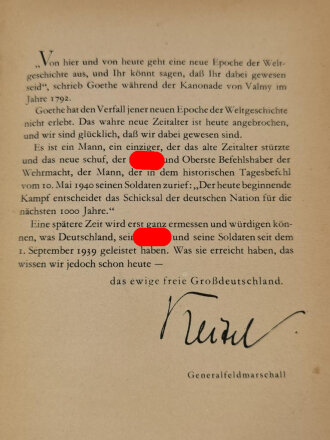 "Die Wehrmacht - Der Freiheitskampf des großdeutschen Volkes", datiert 1940, DIN A5, 319 Seiten, stark gebraucht, fleckig