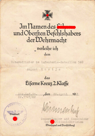 Verleihungsurkunde für das Eiserne Kreuz 2.Klasse, ausgestellt am 20.April 1942 an einen Angehörigen im Infanterie Bataillon 540 ( Bewährungs kompanie ).