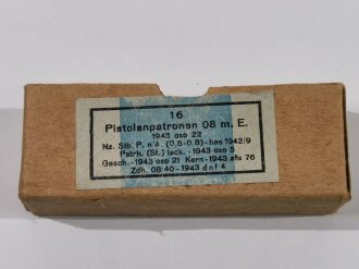 Pappschachtel für "16 Pistolenpatronen 08" datiert 1943