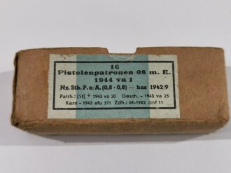 Pappschachtel für "16 Pistolenpatronen 08" datiert 1944