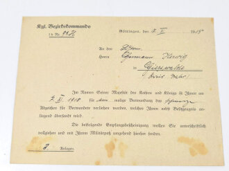 1.Weltkrieg, Verleihungsurkunde zum Abzeichen für Verwundete in schwarz, ausgestellt am 7.11.1918, dazu ein Begleitschreiben