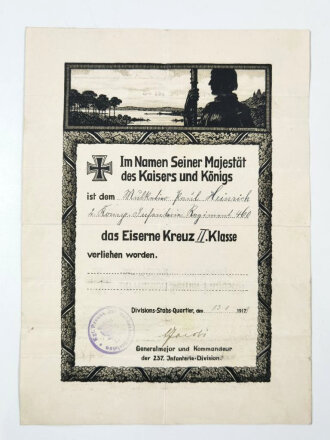 1.Weltkrieg, Verleihungsurkunden zum Abzeichen für Verwundete in mattweiss sowie Eisernem Kreuz 2.Klasse, beides ausgesellt 1918 für einen Angehörigen im IR 460