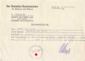 "Reisegenehmigung" Der Deutsche Staatsminister für Böhmen und Mähren, datiert 1945, DIN A5