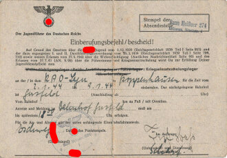 Hitlerjugend, Der Jugendführer des Deutschen Reichs "Einberufungsbefehl/bescheid Kriegseinsatzschulungslager in einem RAD-Lager", datiert 1944