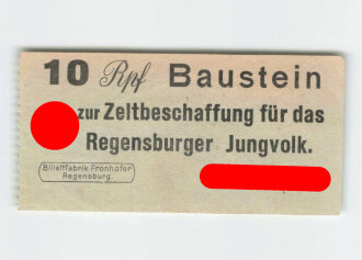 Hitlerjugend Spendenbeleg "10 Rpf Baustein zur Zeltbeschaffung für das Regensburger Jungvolk"