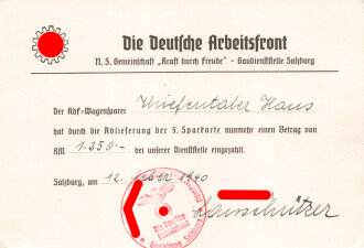 KDF Wagen, Die Deutsche Arbeitsfront, NS Gemeinschaft Kraft durch Freude - Gaudienststelle Salzburg, Quittung für die Einzahlung der 5. Sparkarte, datiert 1940