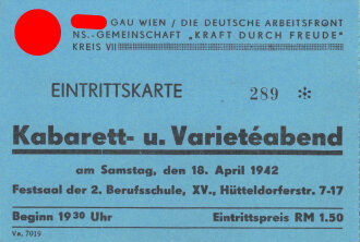 NSDAP Gau Wien "Eintrittskarte Kabarett- u....