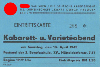 NSDAP Gau Wien "Eintrittskarte Kabarett- u. Varieteabend", datiert 1942