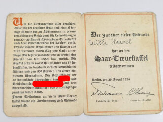 "Urkunde über die Teilnahme an der Saar-Treuestaffel" 20.-26. August 1934