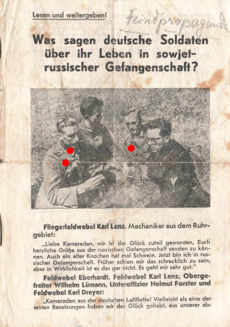 Russisches Flugblatt " Was sagen deutsche Soldaten über ihr Leben in sowjet-russischer Gefangenschaft?", DIN A5, fleckig