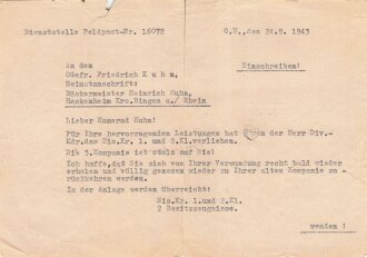 Begleitschreiben für den Eintrag ins Soldbuch für das Eisernes Kreuz 1. und 2 Klasse , Dienststelle Feldpost datiert 1943, DIN A5