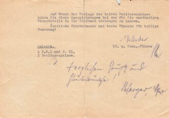 Begleitschreiben für den Eintrag ins Soldbuch für das Eisernes Kreuz 1. und 2 Klasse , Dienststelle Feldpost datiert 1943, DIN A5