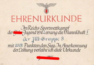 "Ehrenurkunde - Im Reichs-Sportwettkampf der Hitler-Jugend 1942", unter DIN A4