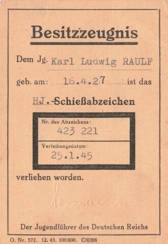 Besitzzeugnis für das HJ Schießabzeichen, Verleihungsdatum 25.1.1945