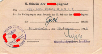 K.-Schein der Hitler-Jugend, datiert 1945