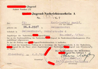 NSDAP., Hitler-Jugend Gebiert Nordsee (7) "Hitler-Jugend-Nachrichtenschein A", datiert 1943