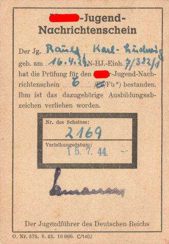 Hitler-Jugend-Nachrichtenschein,Verleihungsdatum 15.07.1944