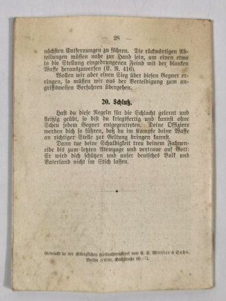 "Was muß ich für die Schlacht wissen und können?" Für den deutschen Infanteristen, datiert 1910, DIN A6, 28 Seiten