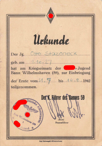 Urkunde eines Hitler Jugend Angehörigen zur Einbringung der Ernte 1942, Bann Wilhelmshaven