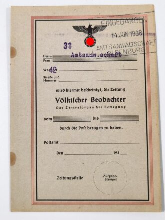"Völkischer Beobachter" Bestätigung über den Bezug für die Amtsanwaltschaft Oldenburg von 1938