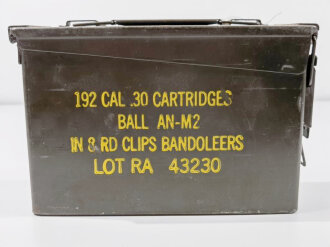 U.S. metal box " 192 Cal. 30 Cartridges in 8 rd clips Bandoleers" uncleaned