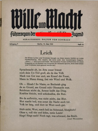 "Wille und Macht" Führerorgan der nationalsozialistischen Jugend, Heft 10, 15. Mai 1941 mit 25 Seiten
