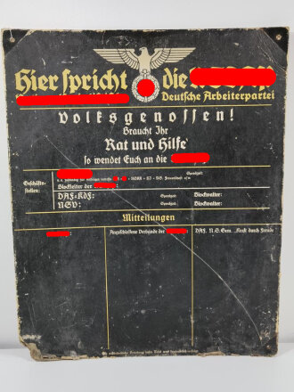 Haustafel "Hier spricht die NSDAP" 64 x 78cm. Seltene Variante aus Presspappe