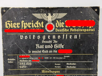 Haustafel "Hier spricht die NSDAP" 64 x 78cm. Seltene Variante aus Presspappe