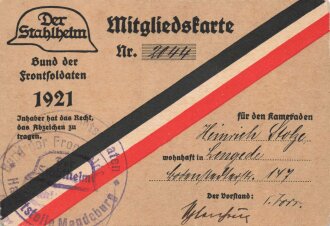 "Der Stahlhelm Bund der Frontsoldaten" Beitrags-Quittungskarte, Bescheinigung und Mitgliedskarten