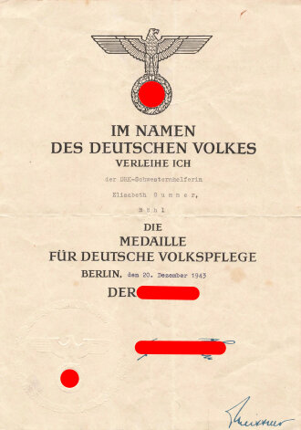 Verleihungsurkunde zur Medaille für Deutsche...