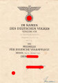 Verleihungsurkunde zur Medaille für Deutsche Volksplflege einer DRK-Schwesternhelferin, datiert 1943, DIN A4 . Mit Begleitschreiben und 2 Haubenabzeichen