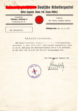 NSDAP, Hitler-Jugend, Bann 146 (Saar-Mitte), Bescheinigung über den 24. Lehrgang der Motorsportschule der HJ
