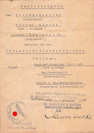 Besitzzeugnis  für ein Infanterie Sturmabzeichen in silber für einen Angehörigen des 2.Sturmregiment 195. Ausgestellt im November 1943, DIN A5