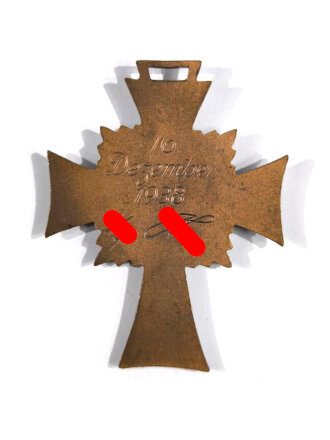 Ehrenkreuz der Deutschen Mutter ( Mutterkreuz ) in Bronze, Emaille am unteren Kreuz defekt, Hakenkreuz ohne Schäden