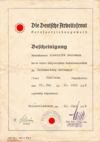 Die Deutsche Arbeitsfront Bescheinigung einer Arbeitskameradin für Buchhaltung Anfänger, datiert 1939, DIN A5