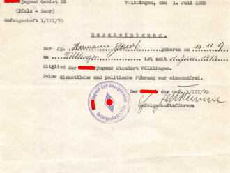 Hitlerjugend Gebiet 25 (Pfalz-Saar) "Bescheinigung über Mitgliedschaft in der Hitlerjugend Standort Völklingen", DIN A5