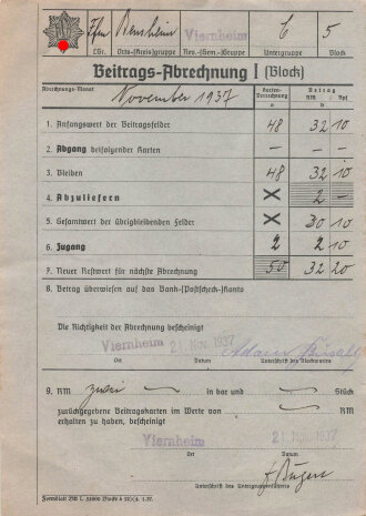 Reichs Luftschutz Bund "Beitrags-Abrechnung I (Block)" November und Dezember 1937, Viernheim