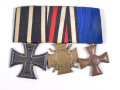 1. Weltkrieg, 3er Ordensspange mit Eisernen Kreuz 2. Klasse 1914 im Bandring Hersteller KO, Ehrenkreuz für Frontkämpfer, Dienstauszeichnung Preussen 1913 für 15. Jahre, Rückseitig Stoff teils abgegangen