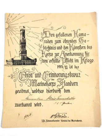 Ehren- und Erinnerungskreuz Marinekorps Flandern, Verlehungsurkunde Maße etwa 23 x 29cm
