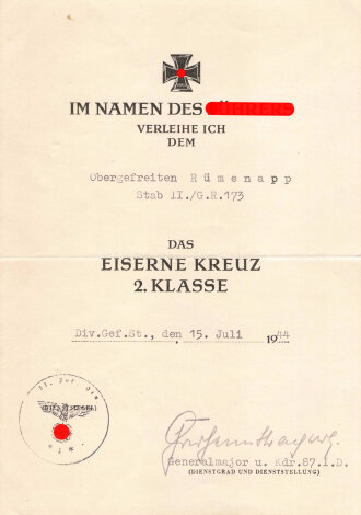 Urkundengruppe von 1944 eines Obergefreiten im Stab II./G.R.173