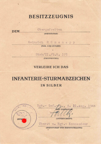 Urkundengruppe von 1944 eines Obergefreiten im Stab II./G.R.173
