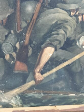 Zeitgenössisches, original gerahmtes Bild, Darstellend Heeresangehörige im Schlauchboot. Bedruckter Karton, Maße des Rahmen 60 x 90cm