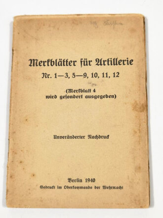 "Merkblätter für Artillerie" datiert 1940