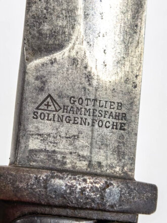 Preussen 1.Weltkrieg, Seitengewehr Modell 98/05 , Abnahmestempel auf Klingenrücken W 17 , seltener Doppelhersteller Gottlieb Hammesfahr Solingen und Schubert v.Salzer Maschinenfabrik Chemnitz,  Klinge feldmäßig angeschliffen