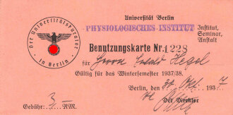 Universität Berlin, Physiologisches Instiut, Benutzungskarte für das Wintersemester 1937/38
