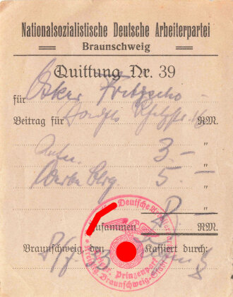 Nationalsozialistische Deutsche Arbeiterpartei Braunschweig, "Quittung Nr. 39" Ortsgruppe Prinzenpart, datiert 1933