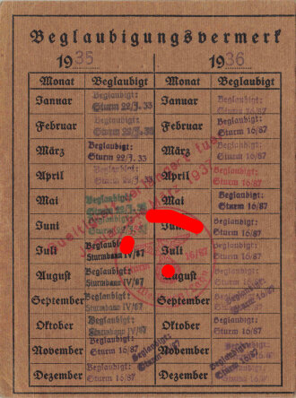 "SA-Ausweis" eines Angehörigen Gruppe Hessen Brigade 49 Standarte 87, Eintritt 1933, ohne Lichtbild, gelocht